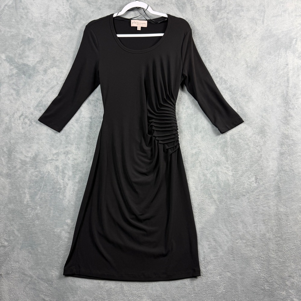 Philosophy Womens M Black Dress Ruched Waist 3/4 Sleeve Sheath Office Siren LBD